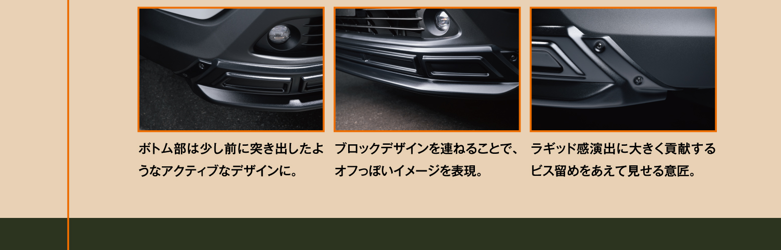 ボトム部は少し前に突き出したようなアクティブなデザインに。ブロックデザインを連ねることで、オフっぽいイメージを表現。ラギッド感演出に大きく貢献するビス留めをあえて見せる意匠。