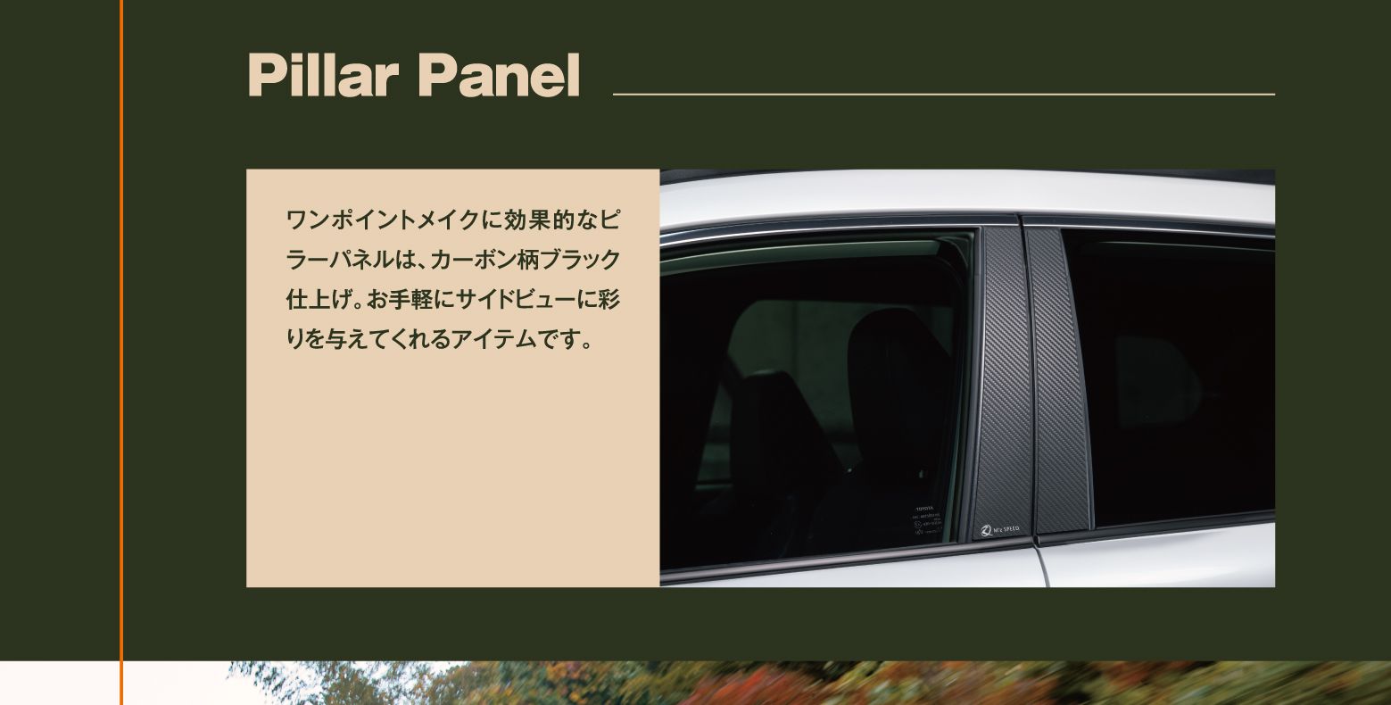 Pillar Panel: ワンポイントメイクに効果的なピラーパネルは、カーボン柄ブラック仕上げ。お手軽にサイドビューに彩りを与えてくれるアイテムです。